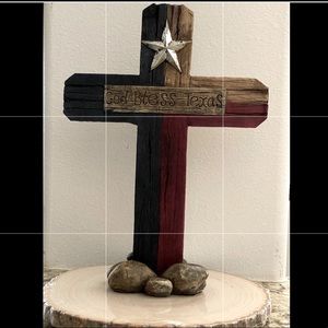 Rustic God Bless Texas Silver Star Cross with Gold Rocks Stands 12”tall Red Blue